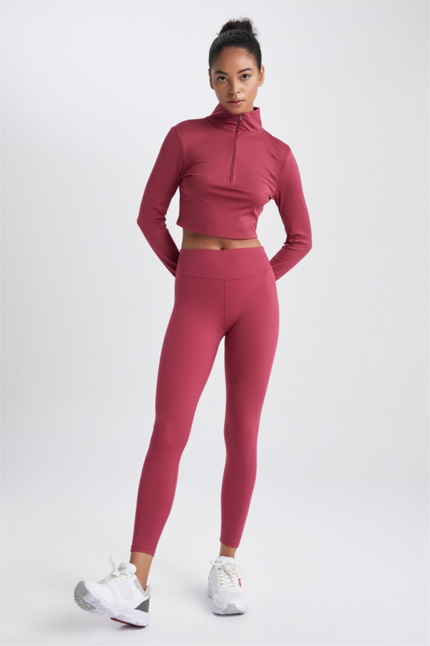 WOMAN Bordeaux DeFactoFit Zippered Heavy Fabric Crop T-Shirt