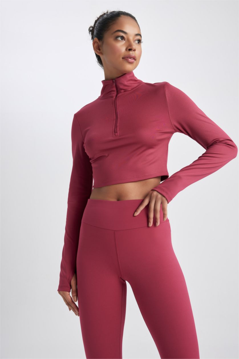 WOMAN Bordeaux DeFactoFit Zippered Heavy Fabric Crop T-Shirt