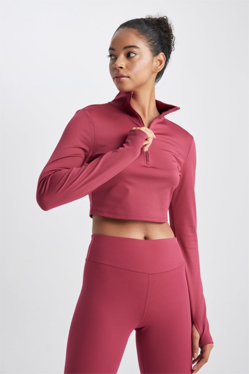 WOMAN Bordeaux DeFactoFit Zippered Heavy Fabric Crop T-Shirt