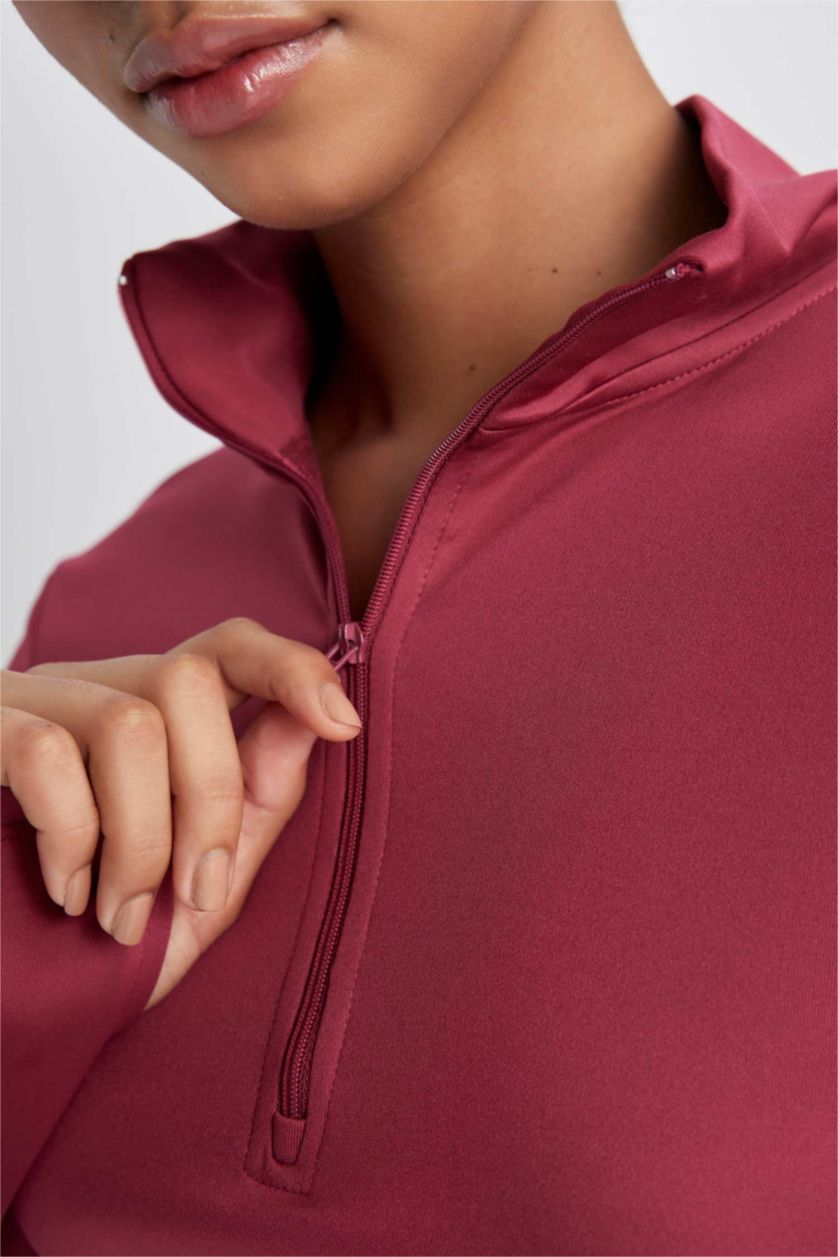 WOMAN Bordeaux DeFactoFit Zippered Heavy Fabric Crop T-Shirt