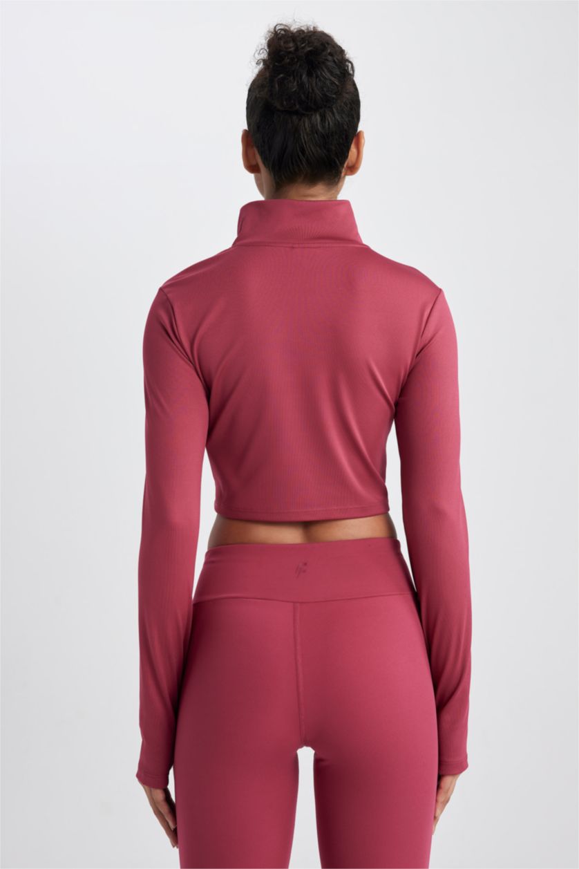 WOMAN Bordeaux DeFactoFit Zippered Heavy Fabric Crop T-Shirt