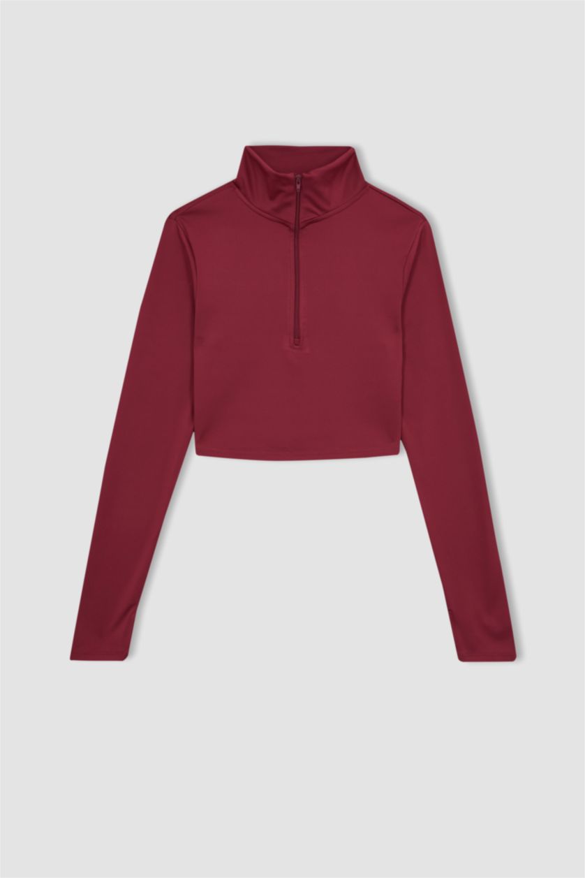 WOMAN Bordeaux DeFactoFit Zippered Heavy Fabric Crop T-Shirt