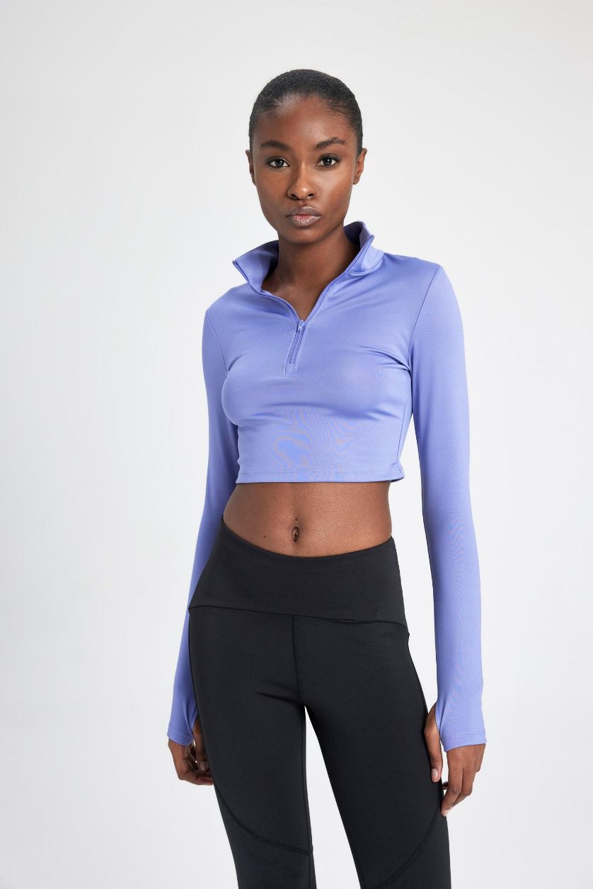 WOMAN Purple Slim Fit Zippered High Collar T-Shirt