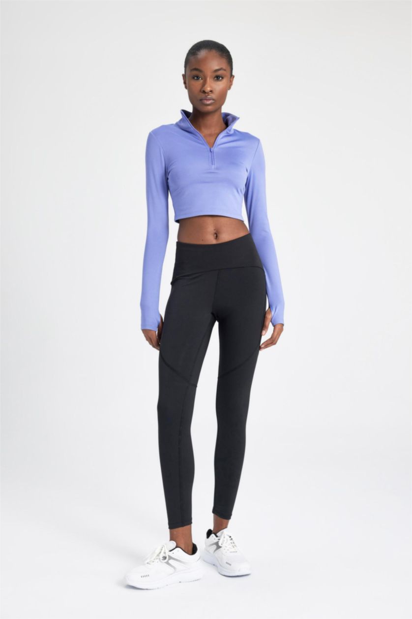 WOMAN Purple Slim Fit Zippered High Collar T-Shirt