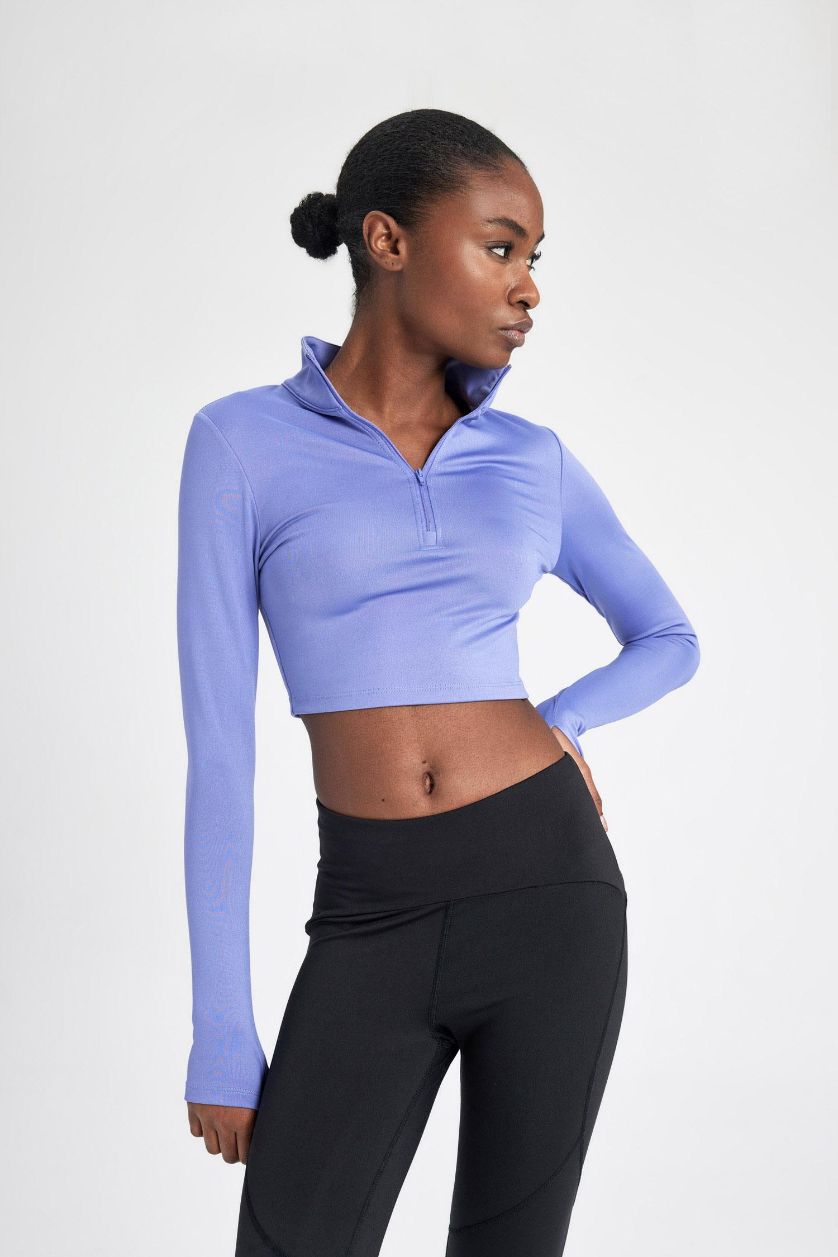 WOMAN Purple Slim Fit Zippered High Collar T-Shirt