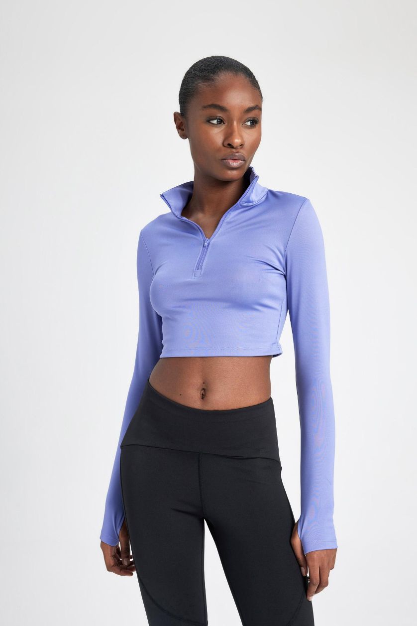 WOMAN Purple Slim Fit Zippered High Collar T-Shirt