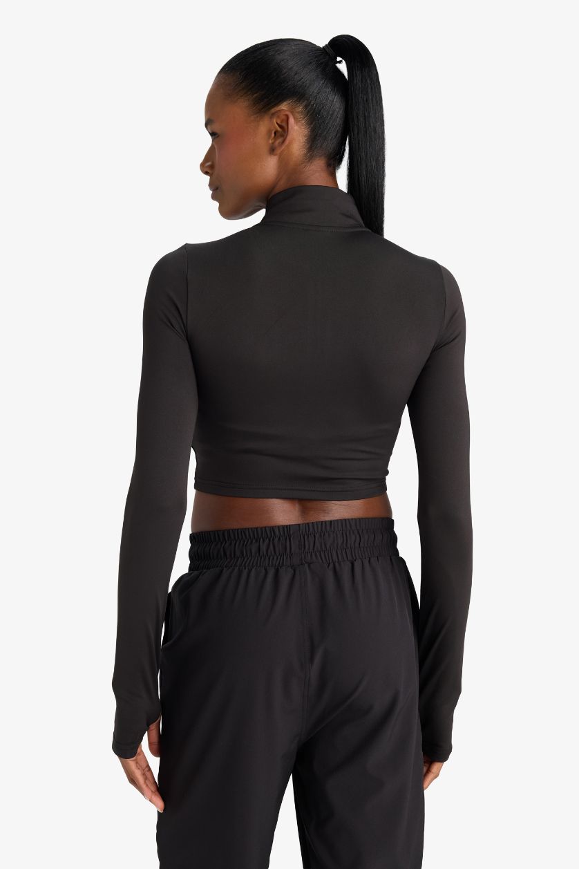 FEMME Noir T-shirt de sport slim à manches longues et col montant zippé de DeFactoFit