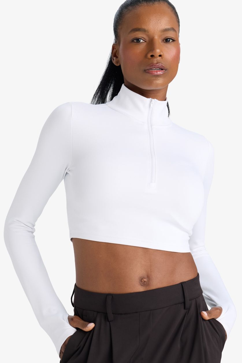 FEMME Blanc T-shirt de sport slim à manches longues et col montant zippé de DeFactoFit