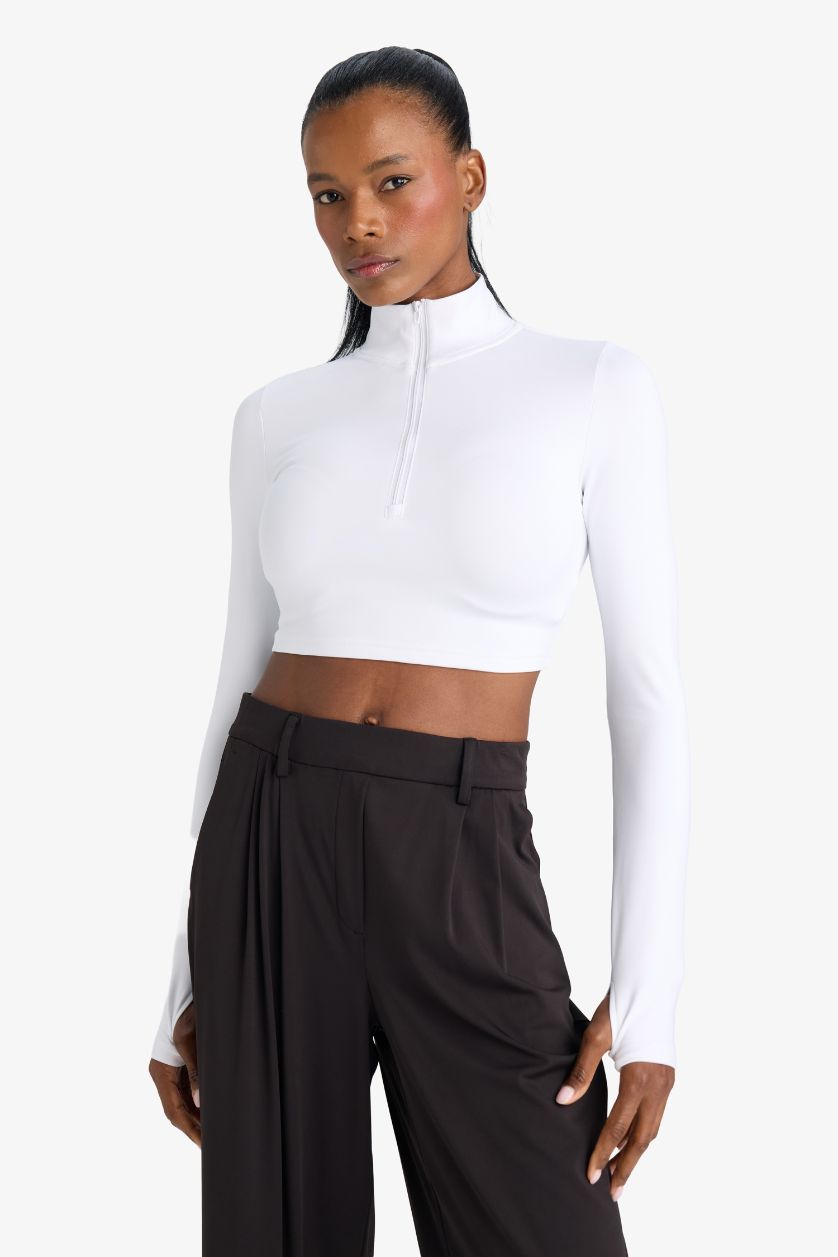 FEMME Blanc T-shirt de sport slim à manches longues et col montant zippé de DeFactoFit