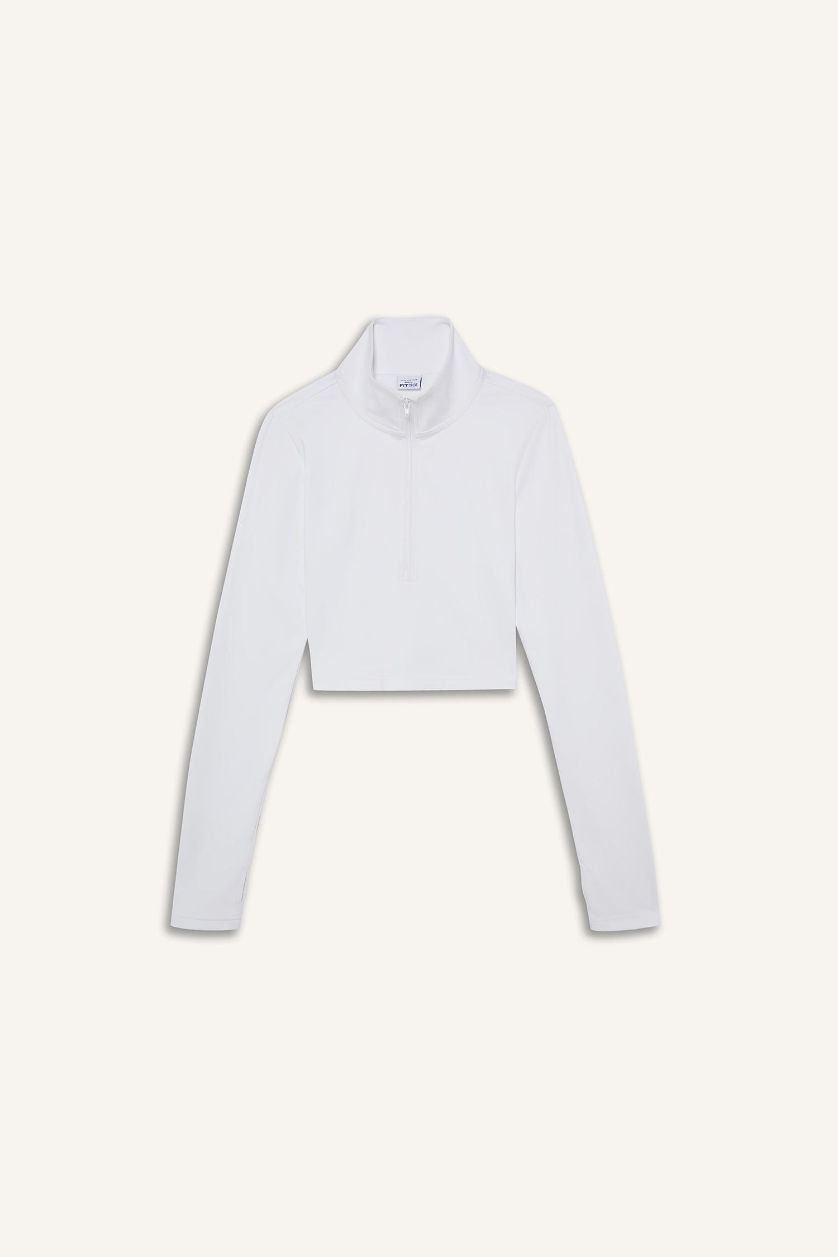 FEMME Blanc T-shirt de sport slim à manches longues et col montant zippé de DeFactoFit