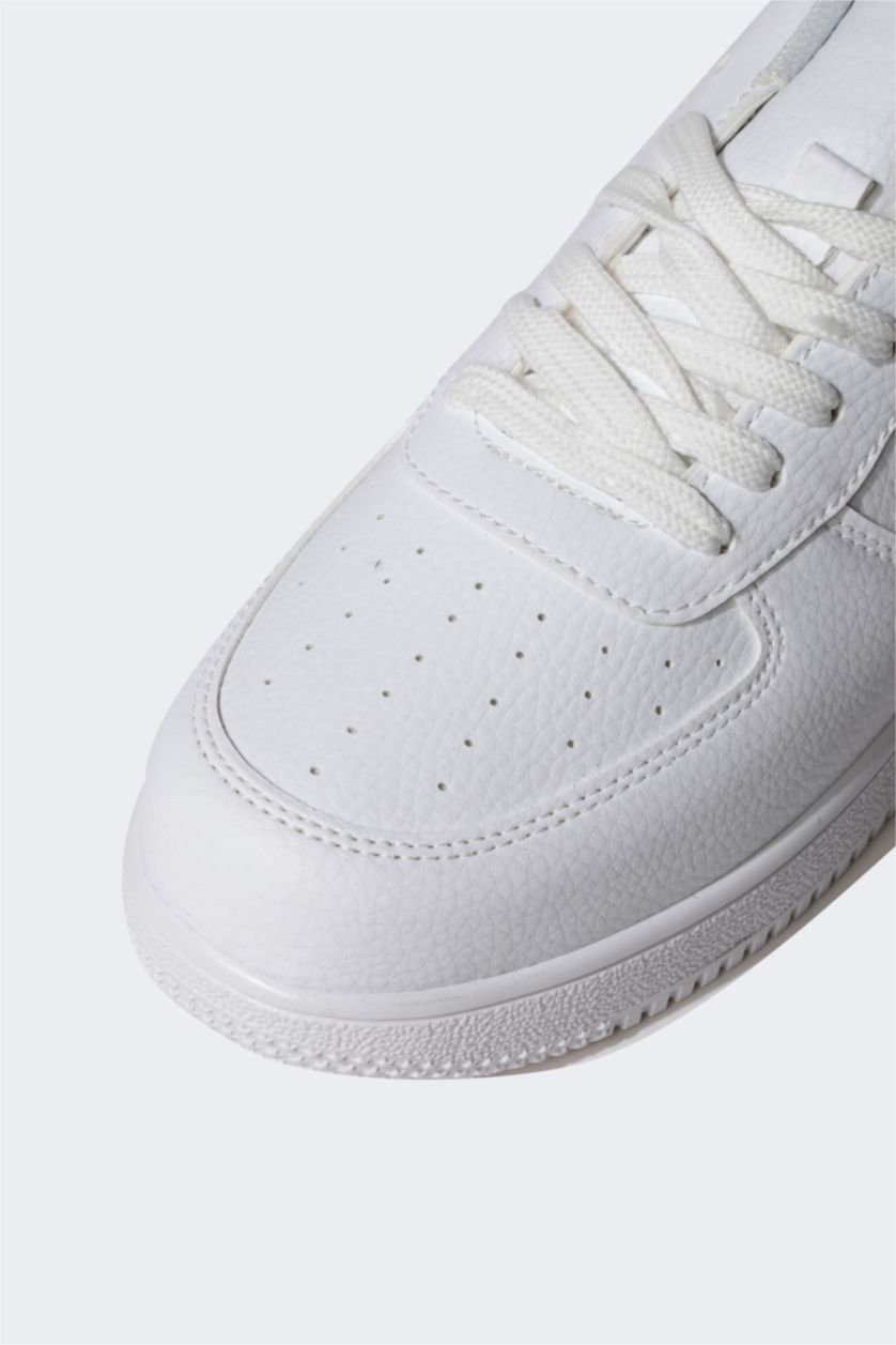 رجال أبيض (000) سنيكرز رجالي جلد صناعي بكعب مسطح برباط