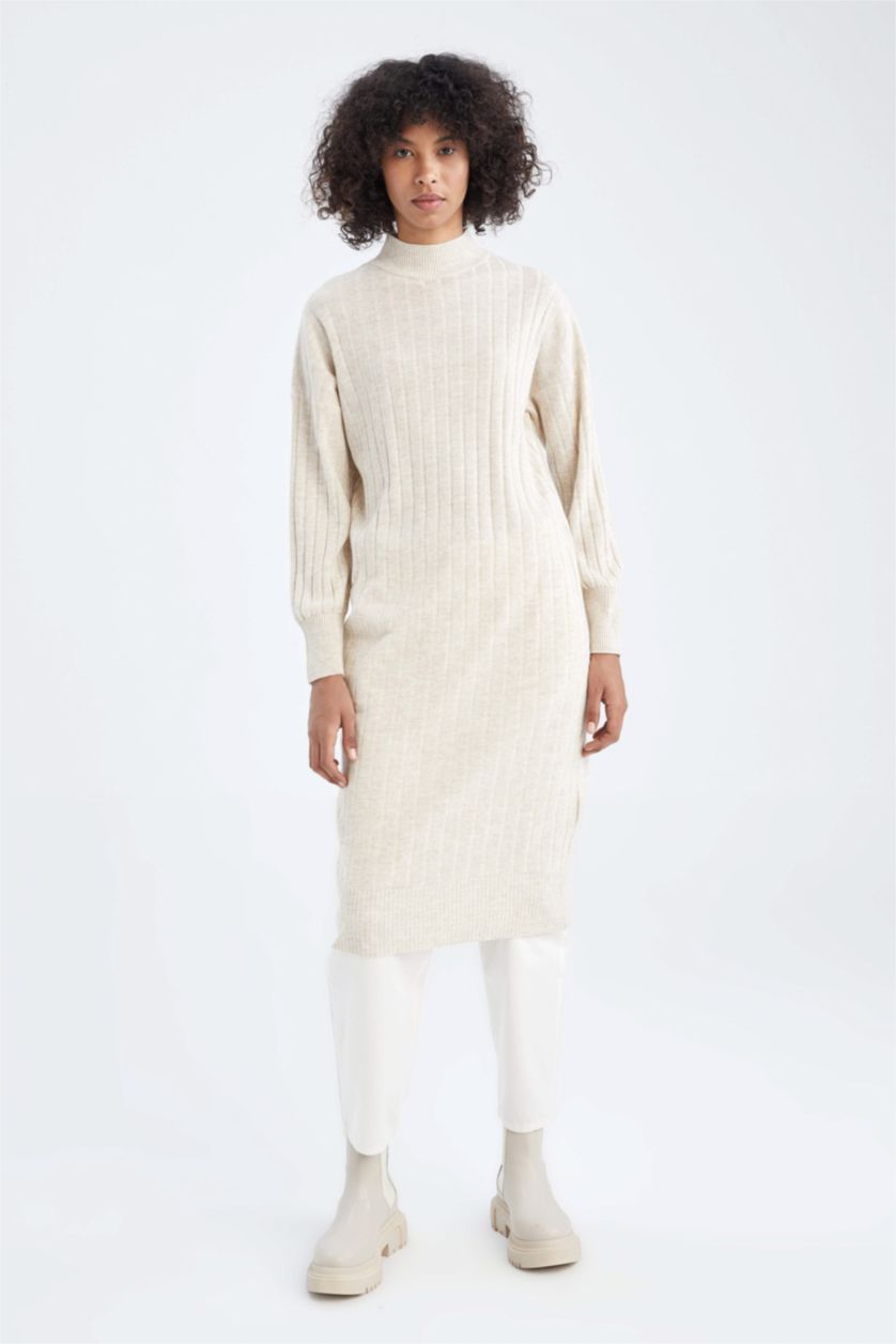 نساء ميلانج بيج فاتح فستان بقصة عادية بنصف ياقة مدورة كم طويل