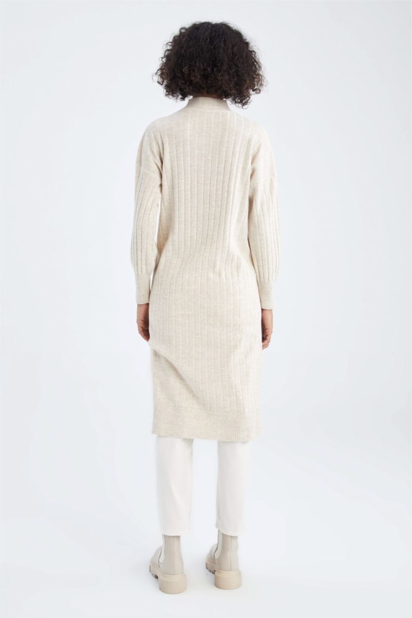 نساء ميلانج بيج فاتح فستان بقصة عادية بنصف ياقة مدورة كم طويل