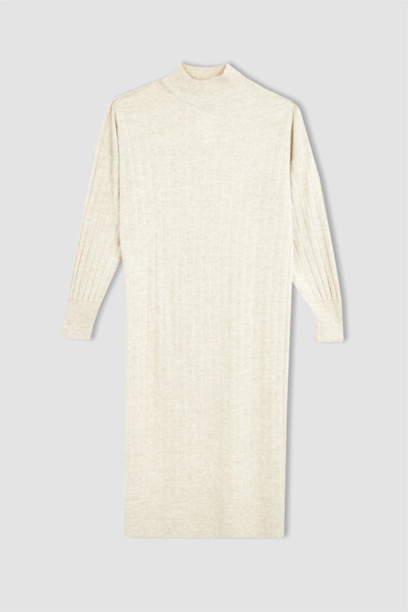 نساء ميلانج بيج فاتح فستان بقصة عادية بنصف ياقة مدورة كم طويل