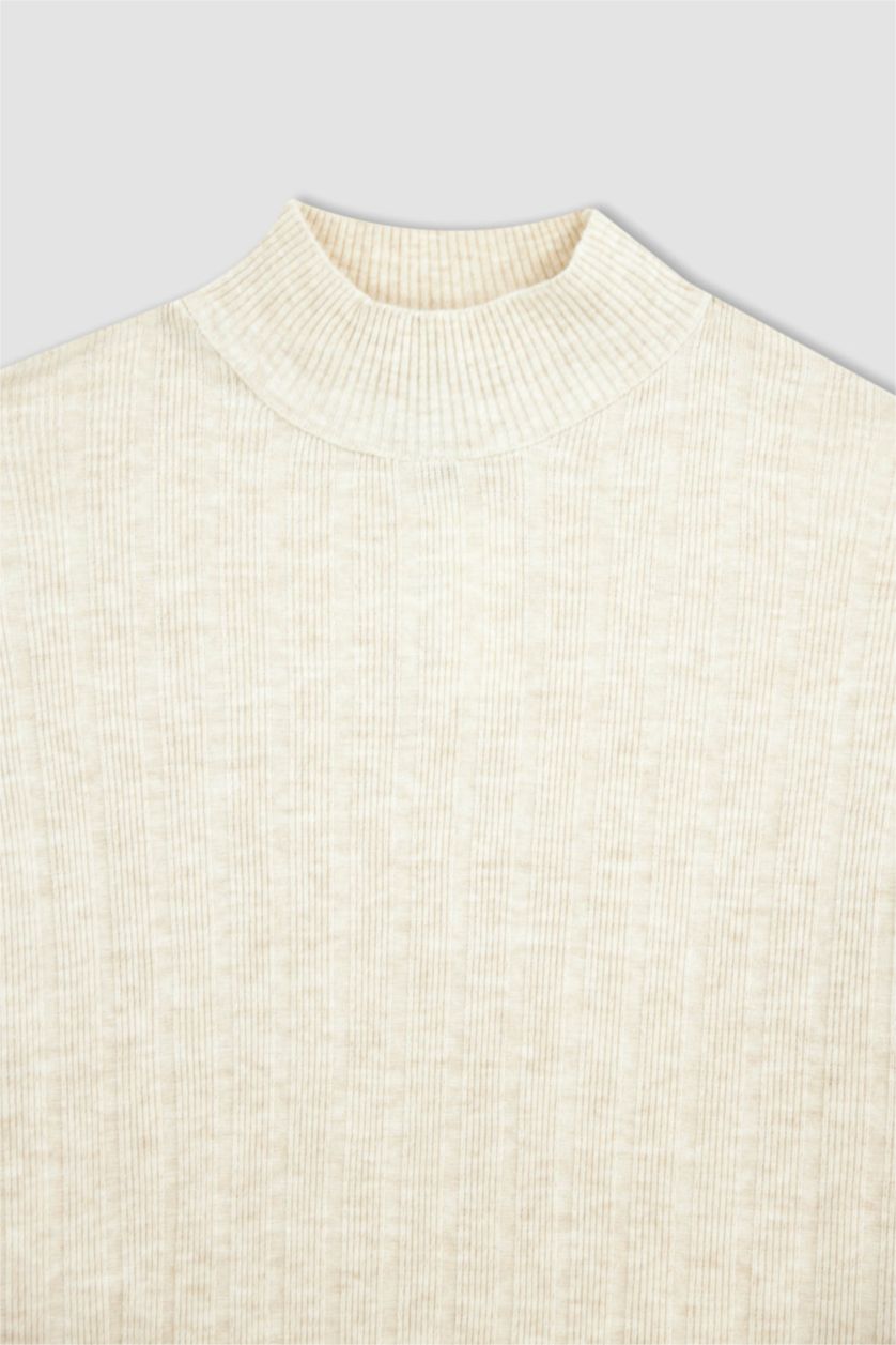 نساء ميلانج بيج فاتح فستان بقصة عادية بنصف ياقة مدورة كم طويل