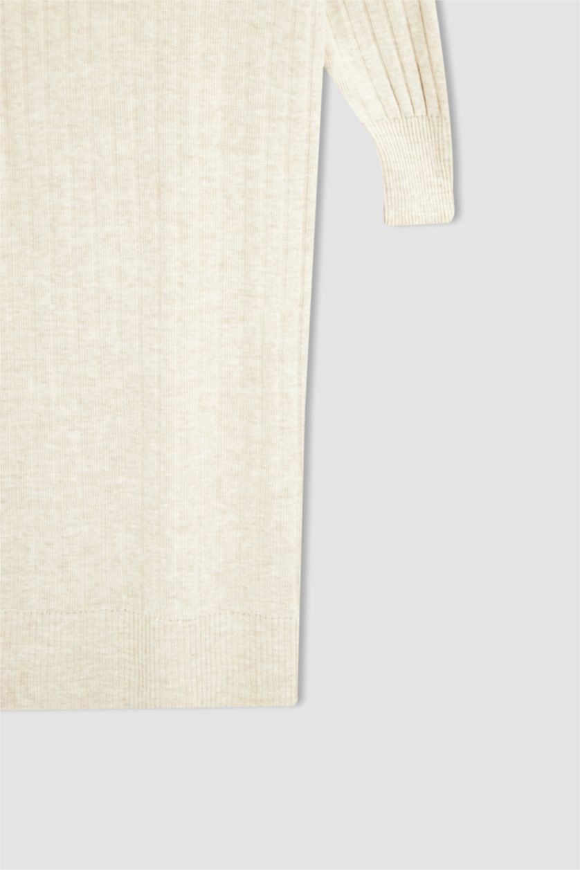 نساء ميلانج بيج فاتح فستان بقصة عادية بنصف ياقة مدورة كم طويل