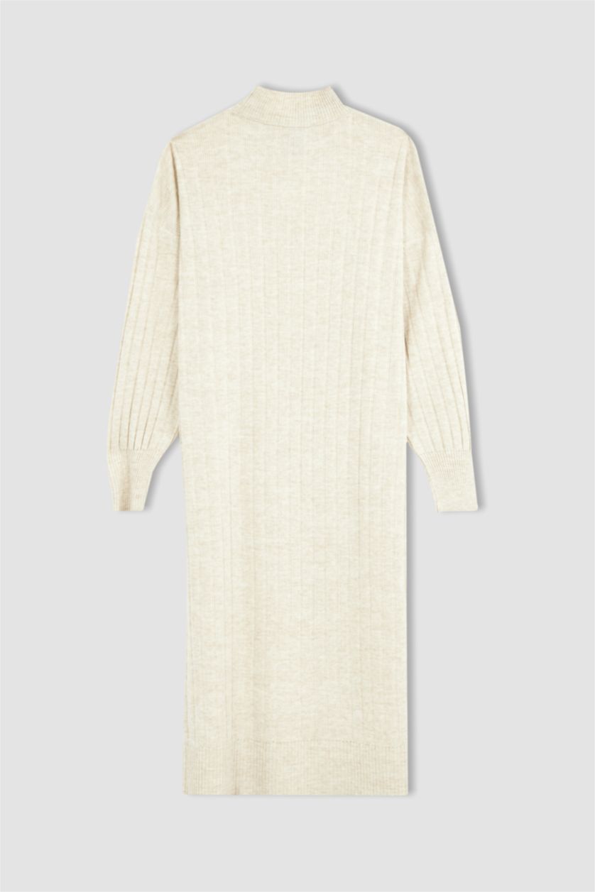 نساء ميلانج بيج فاتح فستان بقصة عادية بنصف ياقة مدورة كم طويل