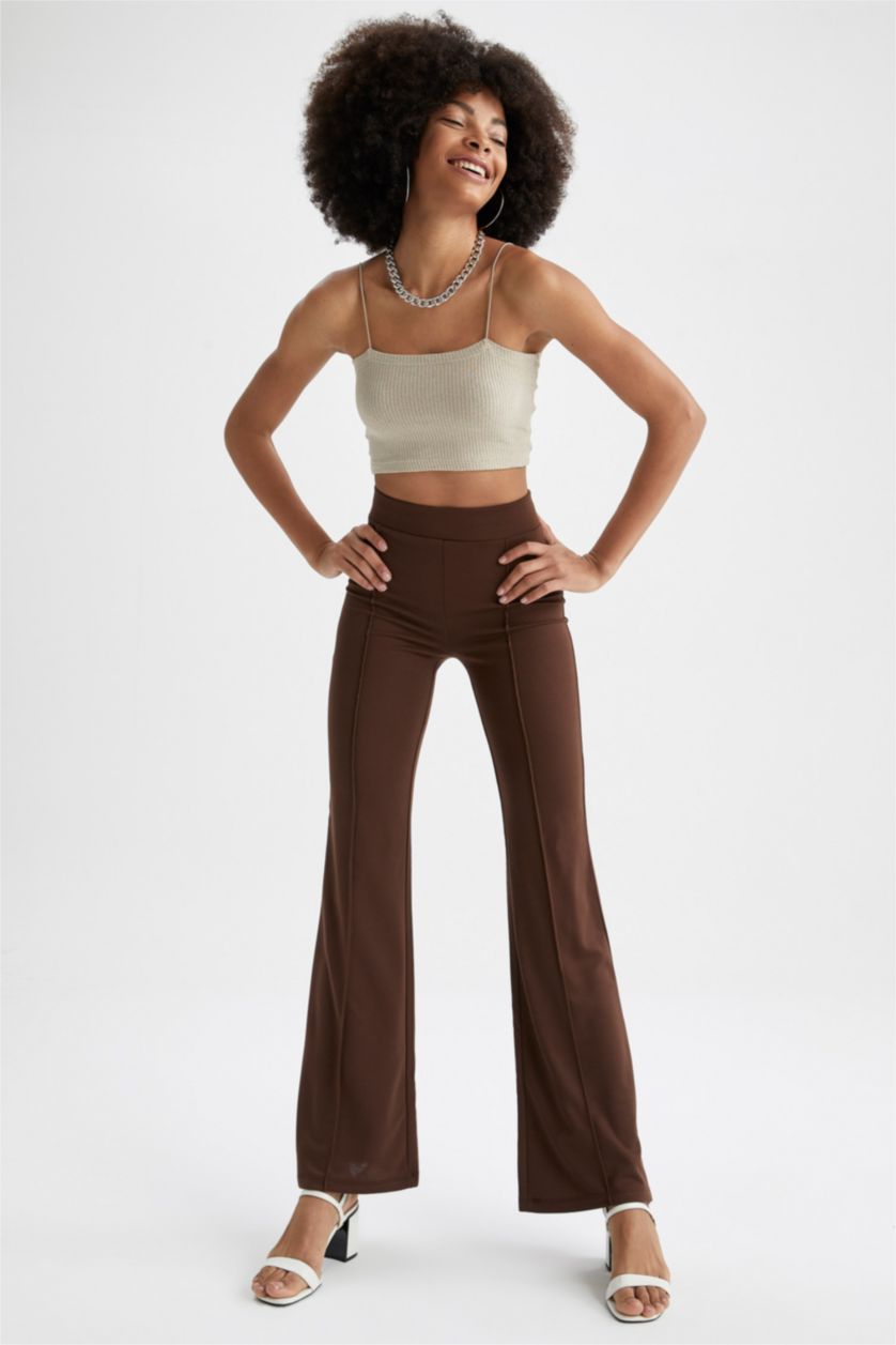 FEMME Marron Pantalon palazzo tissé à taille haute