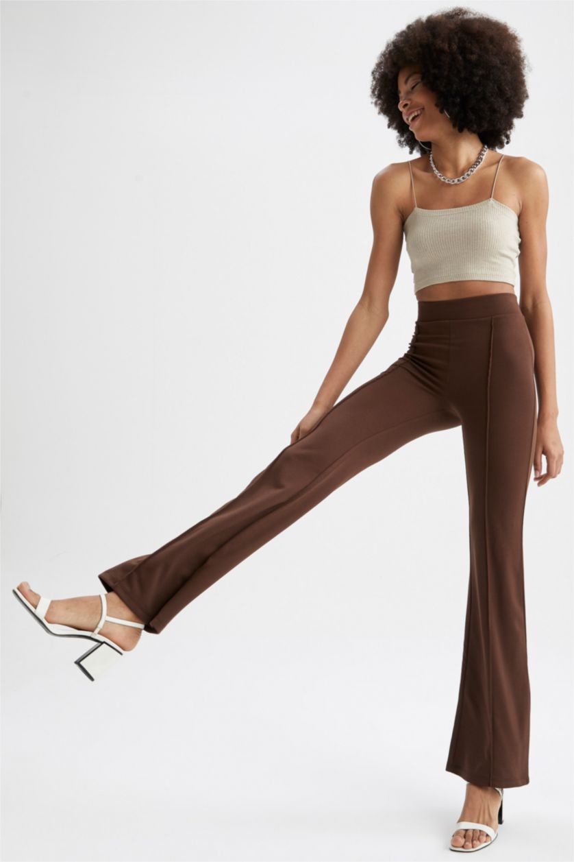 FEMME Marron Pantalon palazzo tissé à taille haute