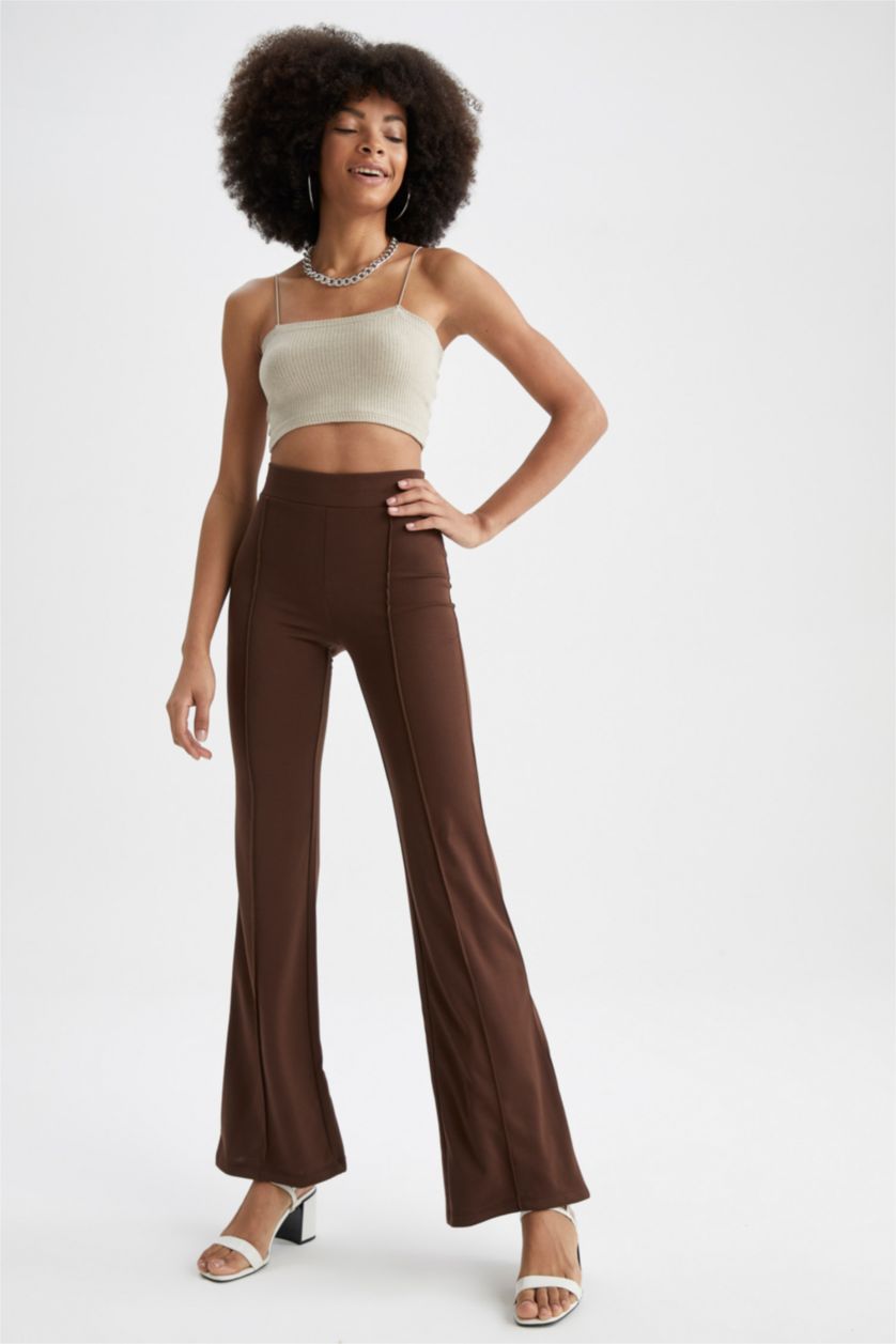 FEMME Marron Pantalon palazzo tissé à taille haute