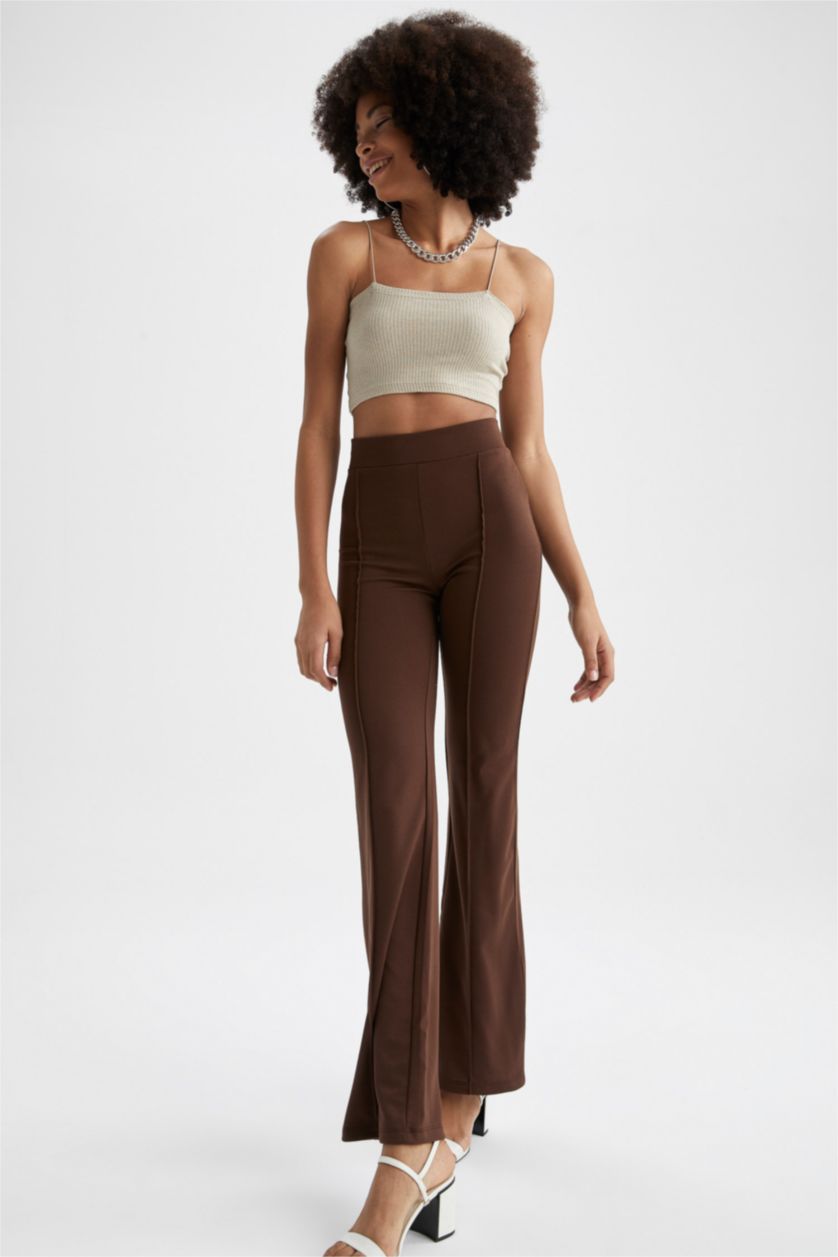 FEMME Marron Pantalon palazzo tissé à taille haute