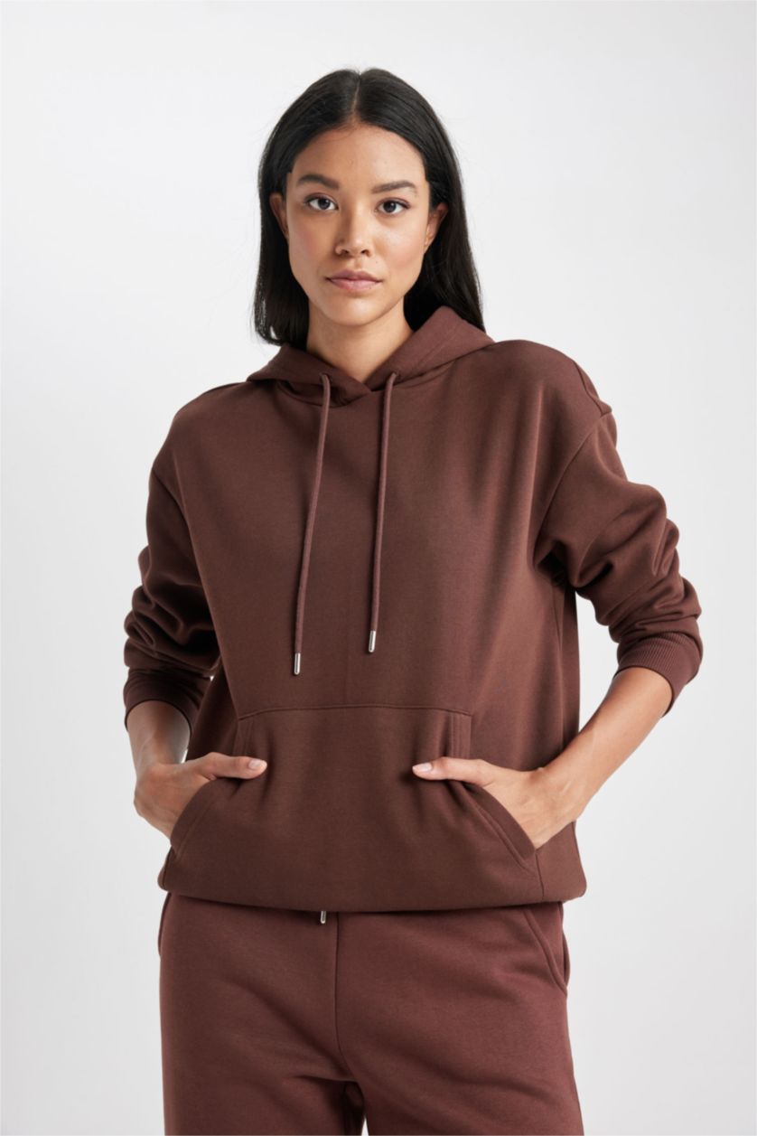 FEMME Marron Sweat- Shirt Coupe Relaxant Encapuchonné