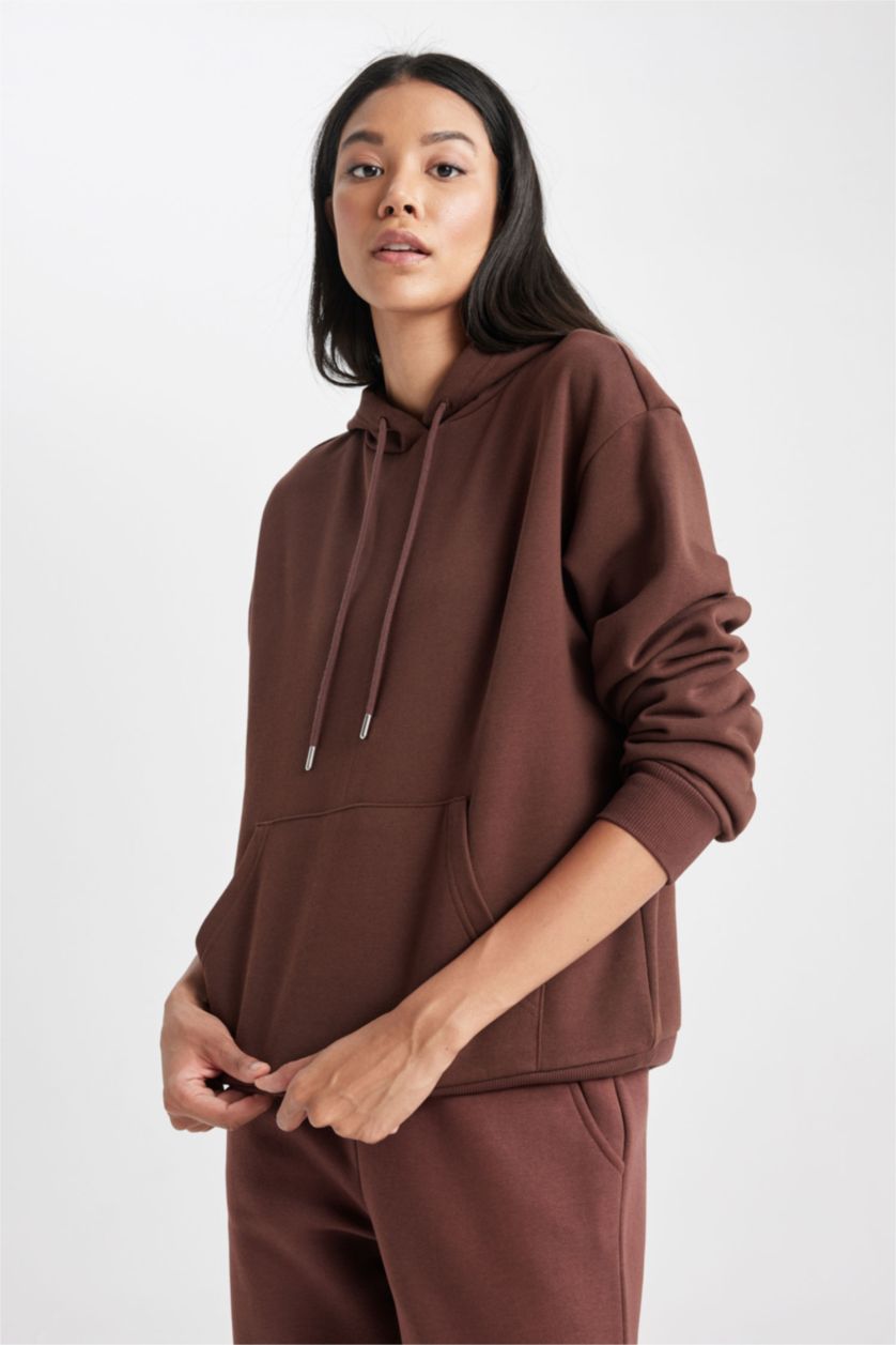 FEMME Marron Sweat- Shirt Coupe Relaxant Encapuchonné