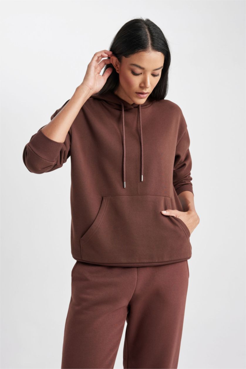 FEMME Marron Sweat- Shirt Coupe Relaxant Encapuchonné