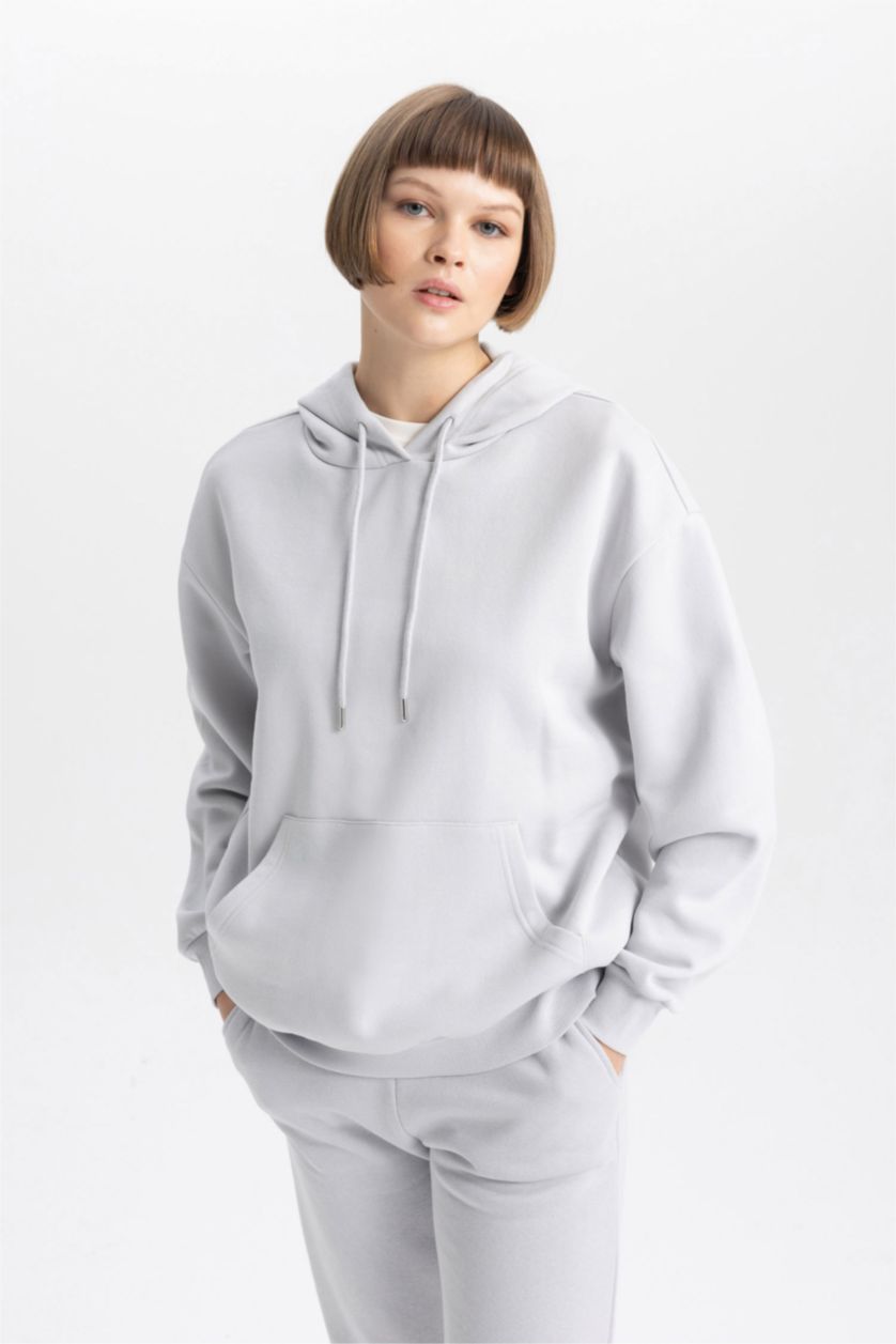 نساء رمادي سويت شيرت قصة مريحة بغطاء للرأس