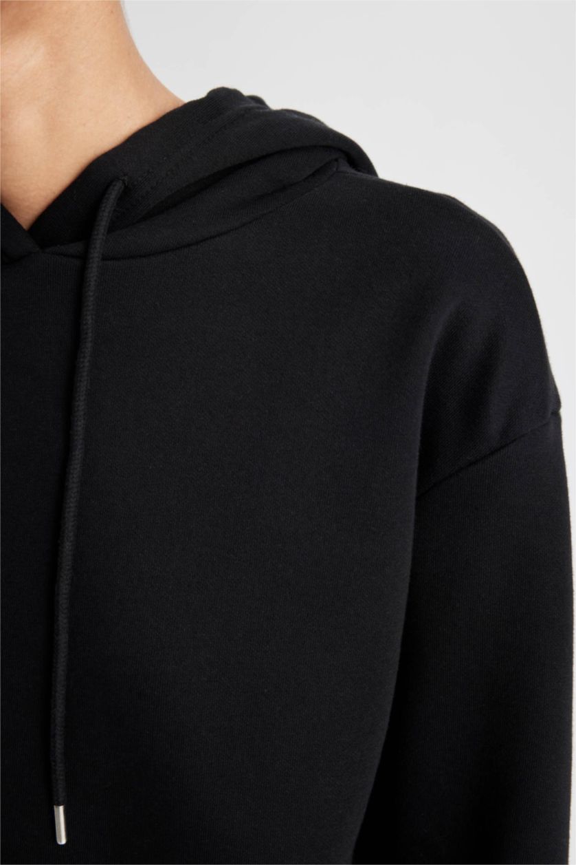 Kadın Siyah Relax Fit Kapüşonlu Kanguru Cepli Kalın Basic Düz Siyah Sweatshirt