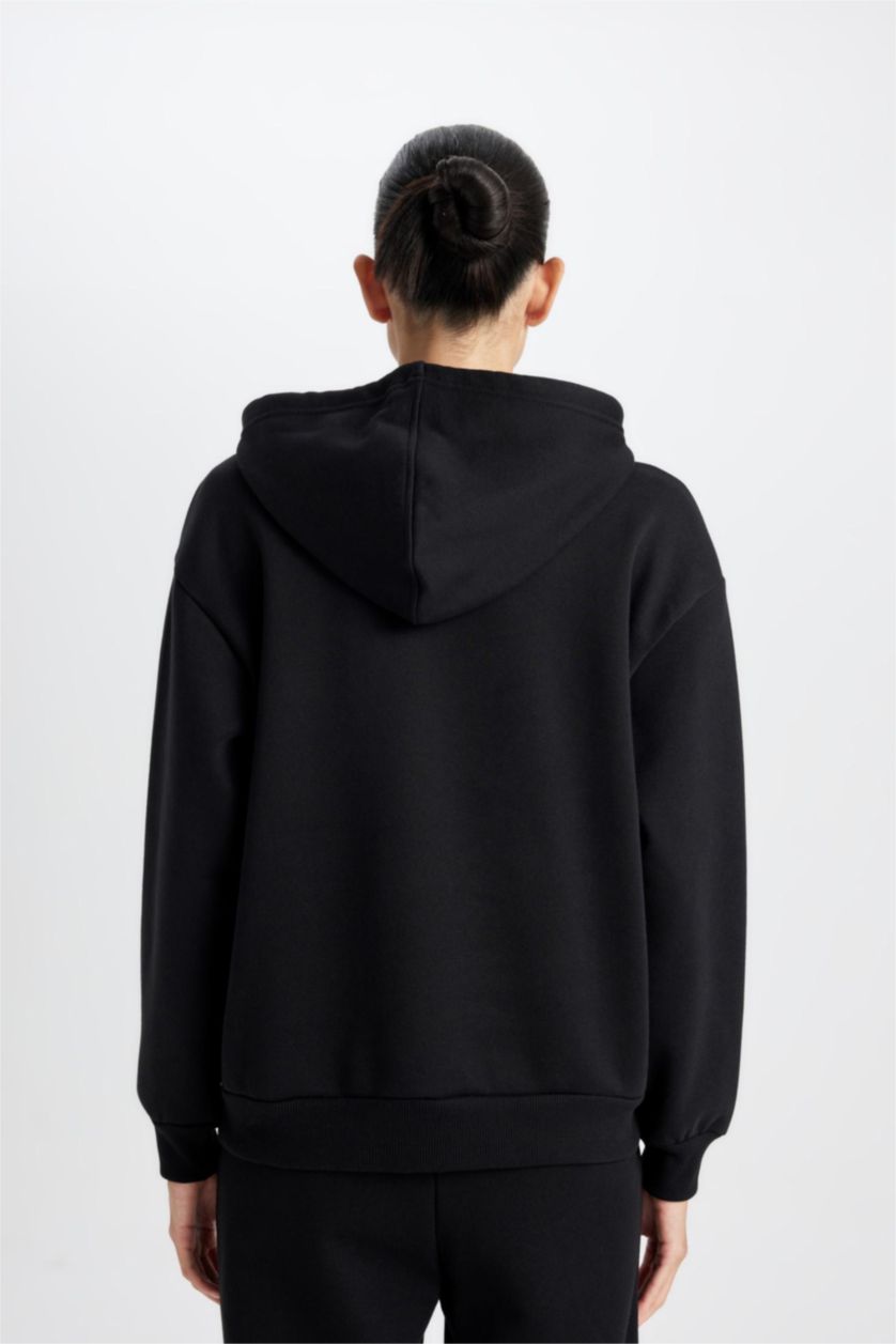 Kadın Siyah Relax Fit Kapüşonlu Kanguru Cepli Kalın Basic Düz Siyah Sweatshirt