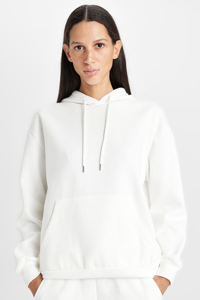 نساء بيج فاتح سويت شيرت ثقيل سامبل قصة مريحة بغطاء للرأس