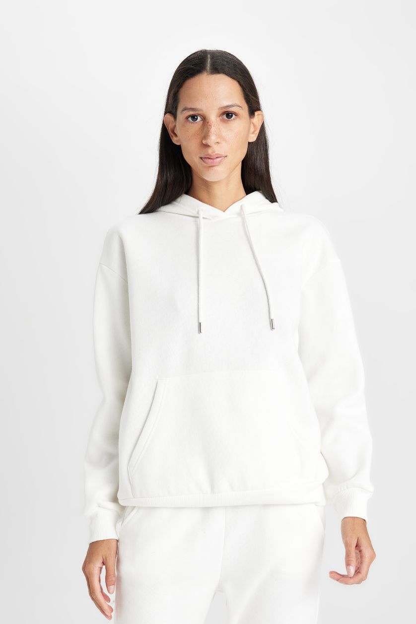 نساء بيج فاتح سويت شيرت ثقيل سامبل قصة مريحة بغطاء للرأس