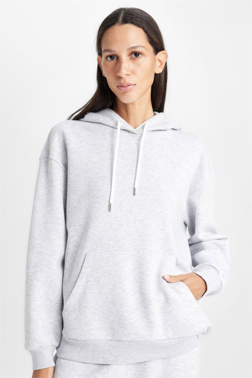 Kadın Gri Melanj Relax Fit Kapüşonlu Kanguru Cepli Kalın Basic Düz Sweatshirt