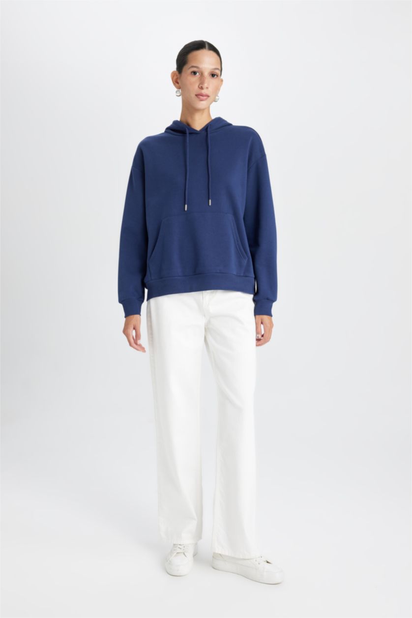Kadın Lacivert Relax Fit Kapüşonlu Kanguru Cepli Kalın Basic Düz Sweatshirt