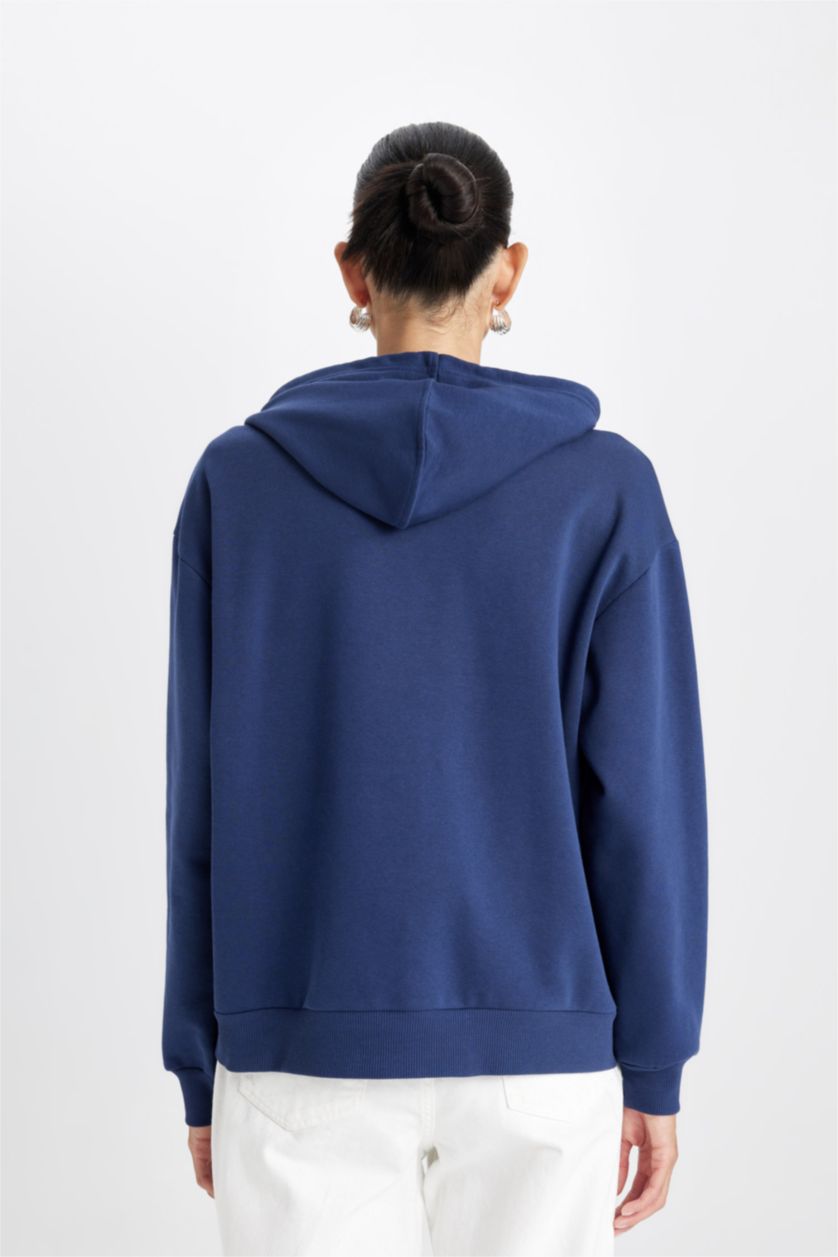Kadın Lacivert Relax Fit Kapüşonlu Kanguru Cepli Kalın Basic Düz Sweatshirt