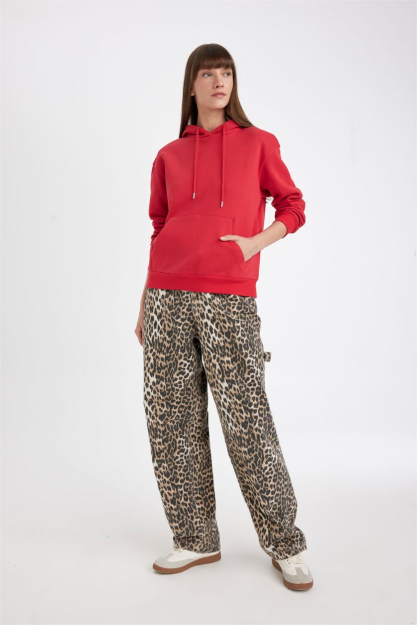 Kadın Kırmızı Relax Fit Kapüşonlu Kanguru Cepli Kalın Basic Düz Sweatshirt