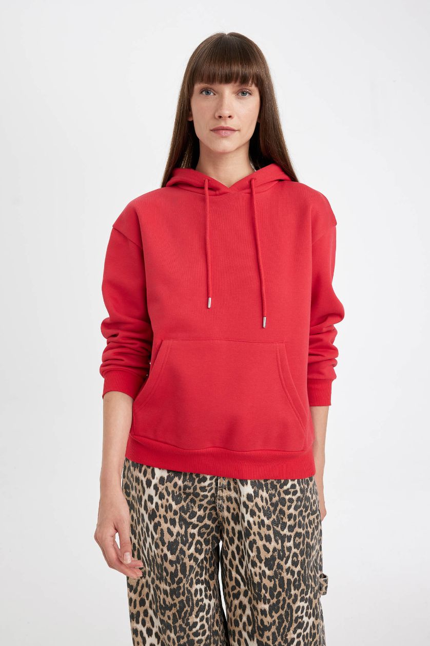 Kadın Kırmızı Relax Fit Kapüşonlu Kanguru Cepli Kalın Basic Düz Sweatshirt