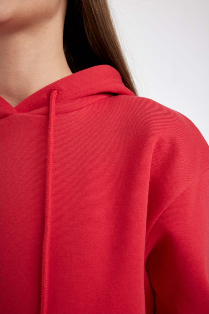 Kadın Kırmızı Relax Fit Kapüşonlu Kanguru Cepli Kalın Basic Düz Sweatshirt