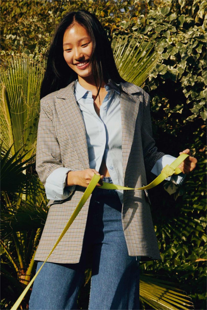 Kadın Bej Regular Fit Kareli Tek Düğmeli Blazer Ceket