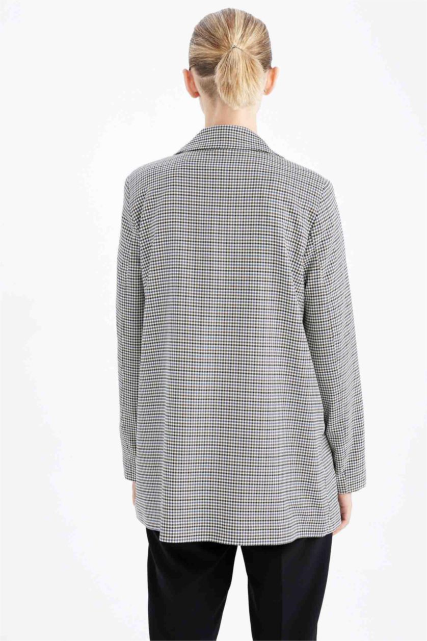 Kadın Bej Regular Fit Kareli Tek Düğmeli Blazer Ceket