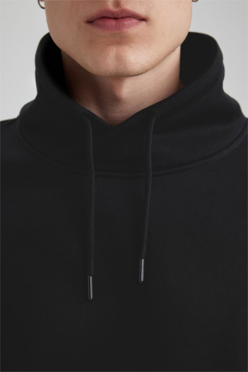 Erkek Siyah Regular Fit Şal Yaka Kalın Basic Düz Sweatshirt