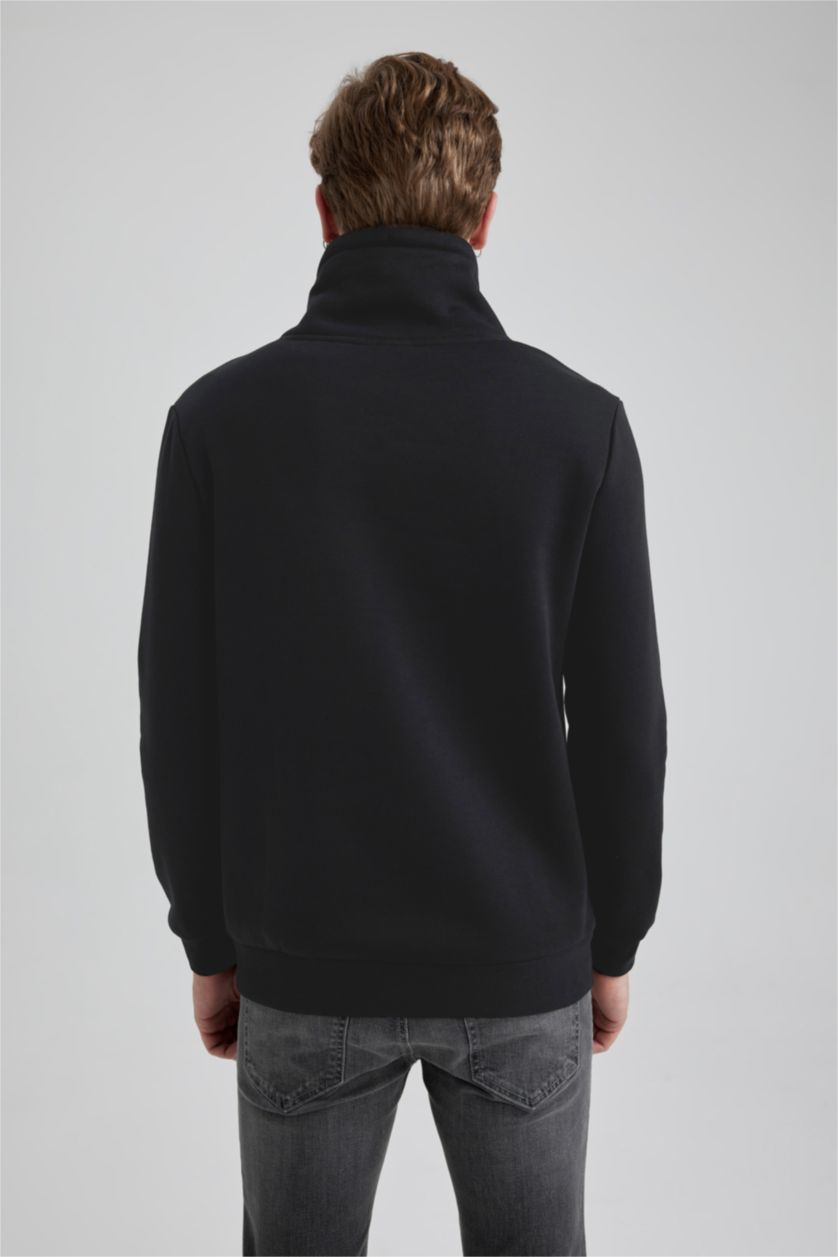 Erkek Siyah Regular Fit Şal Yaka Kalın Basic Düz Sweatshirt