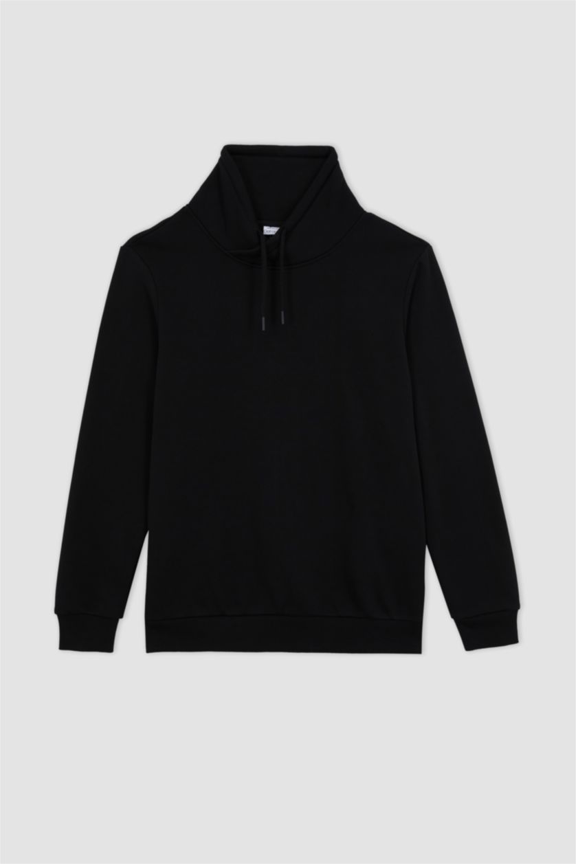 Erkek Siyah Regular Fit Şal Yaka Kalın Basic Düz Sweatshirt