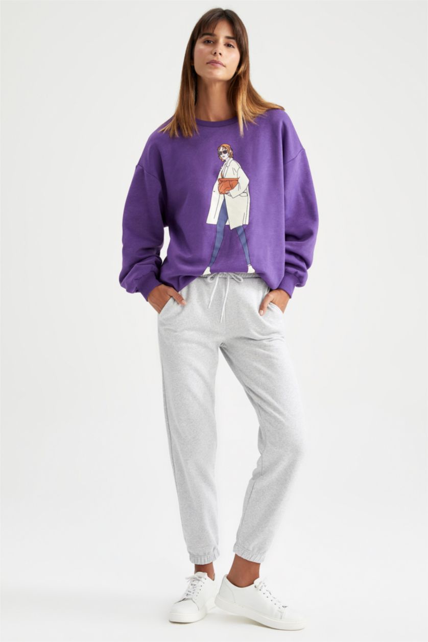Kadın Gri Melanj Jogger Fıt Kalın Sweatshirt Kumaşı Pantolon
