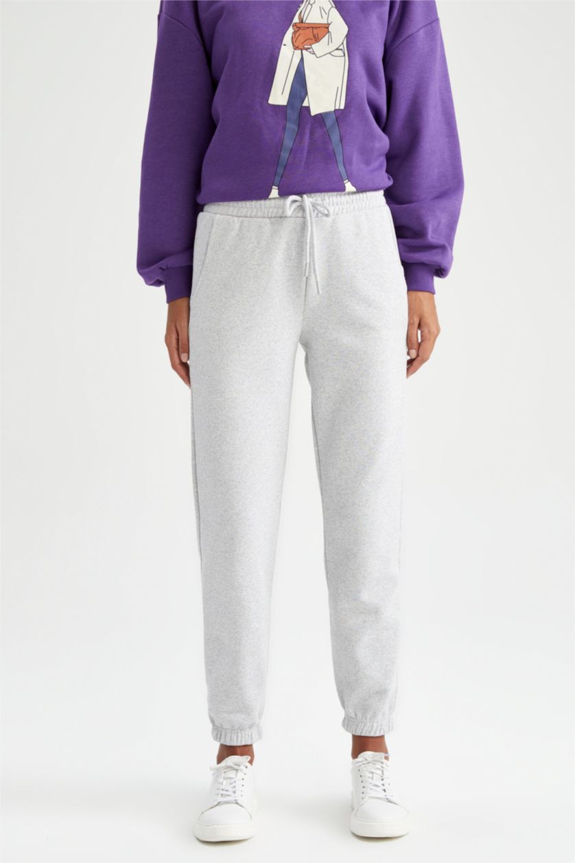 Kadın Gri Melanj Jogger Fıt Kalın Sweatshirt Kumaşı Pantolon