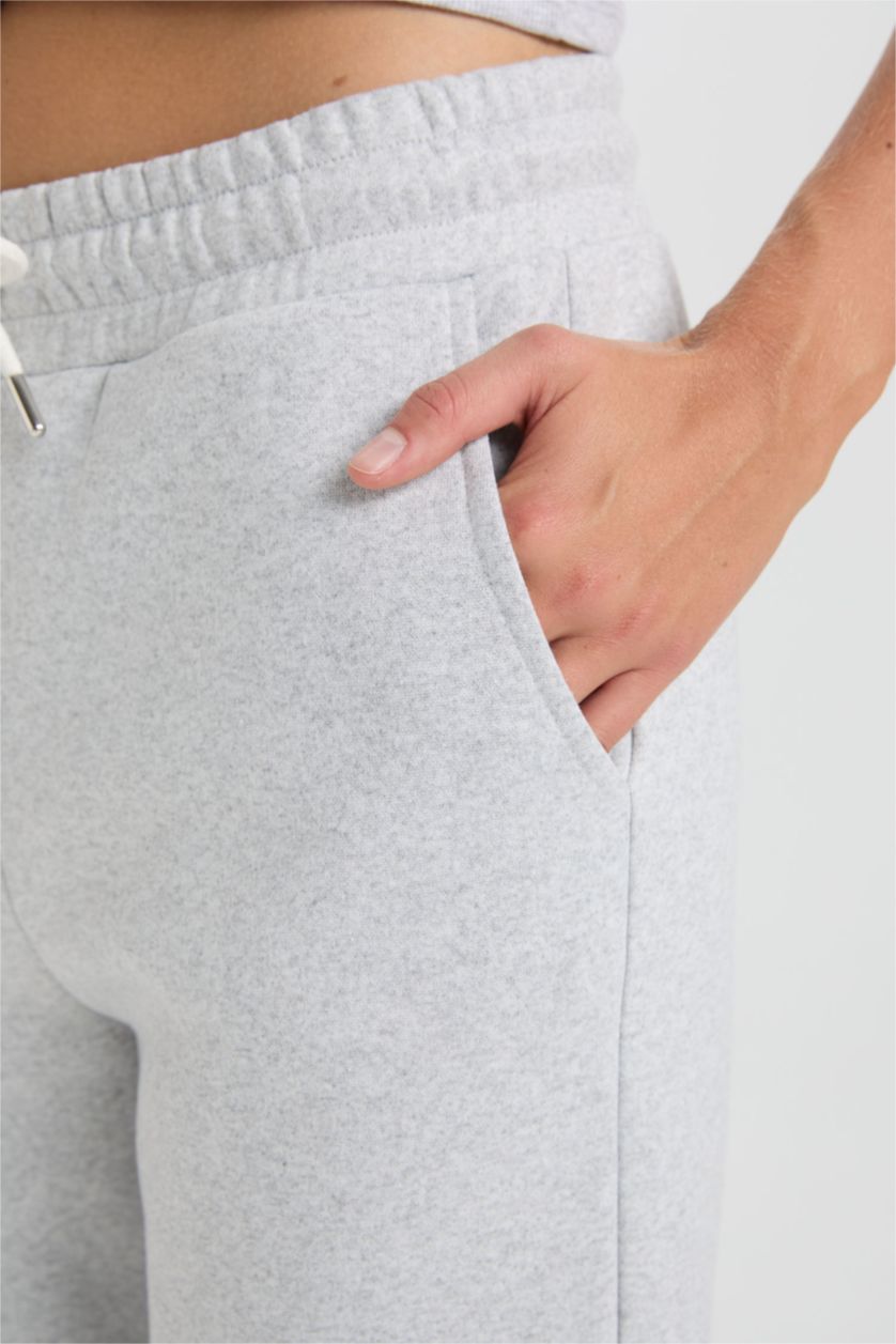 Kadın Gri Melanj Kalın Jogger Kışlık Eşofman Altı Beli Paçası Lastikli Bağcıklı Basic Düz Cepli