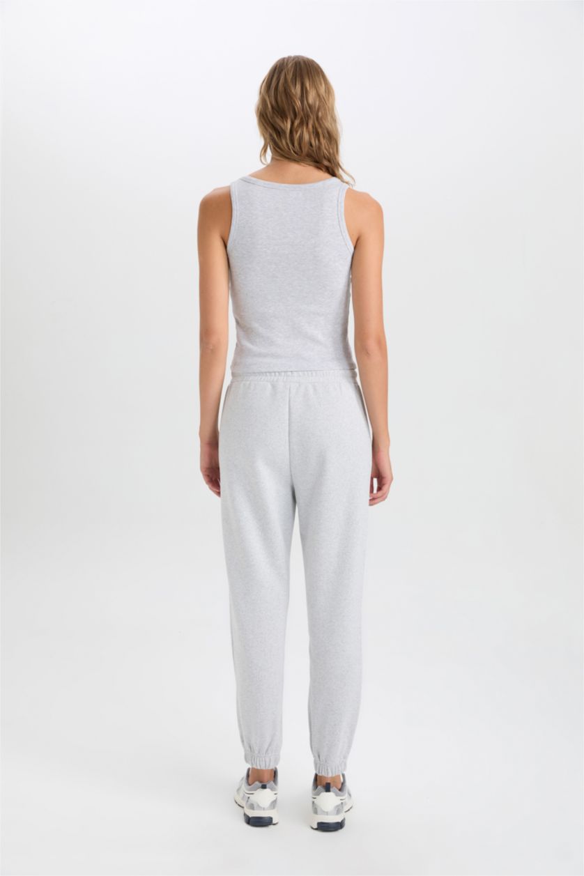 Kadın Gri Melanj Kalın Jogger Kışlık Eşofman Altı Beli Paçası Lastikli Bağcıklı Basic Düz Cepli