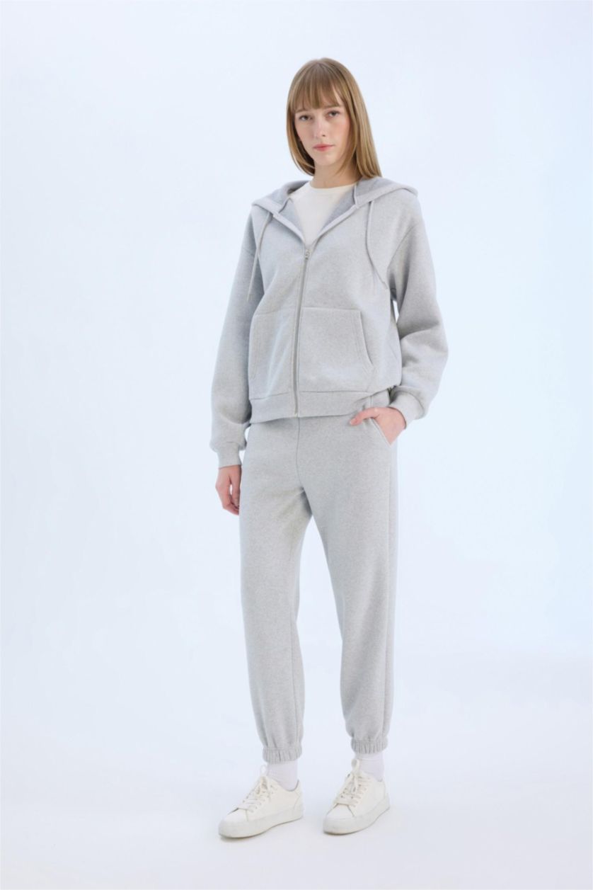 Woman Grey Melange High Waist Thick Fabric Joggers