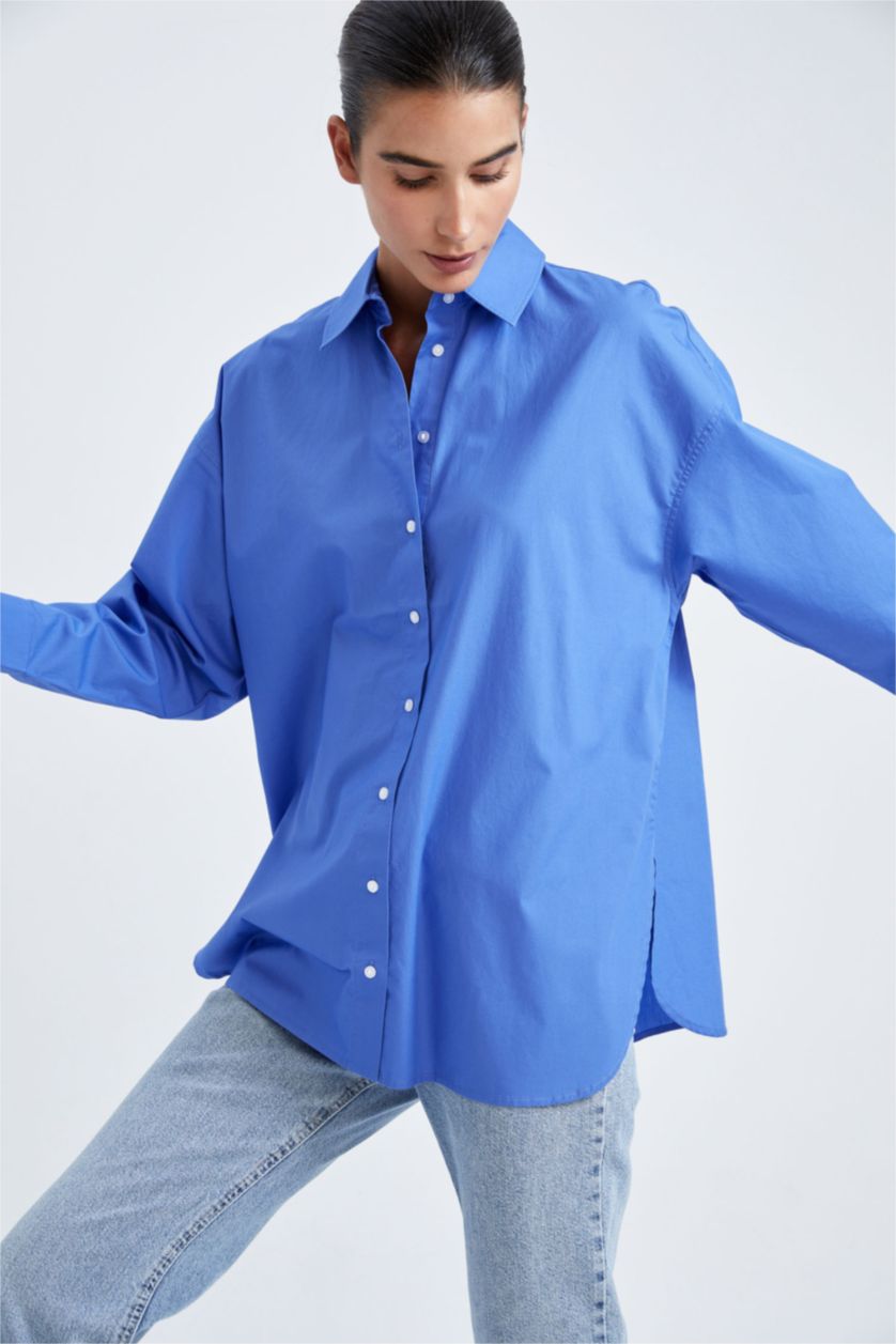 FEMME Bleu Tunique À Manches Longues En Popeline À Col Chemise Coupe Oversize